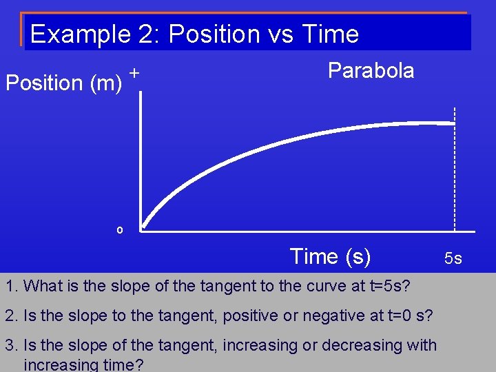 Example 2: Position vs Time Position (m) + Parabola o Time (s) 1. What