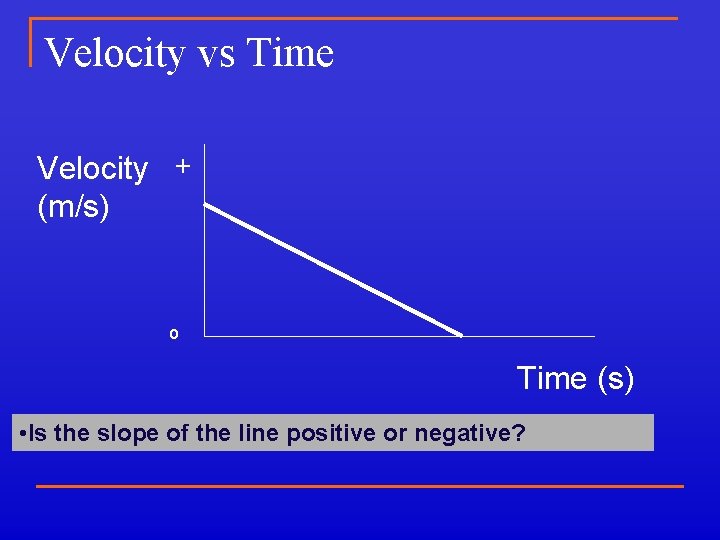 Velocity vs Time Velocity + (m/s) o Time (s) • Is the slope of