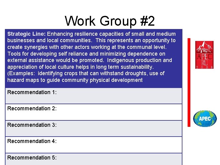 Work Group #2 Strategic Line: Enhancing resilience capacities of small and medium businesses and