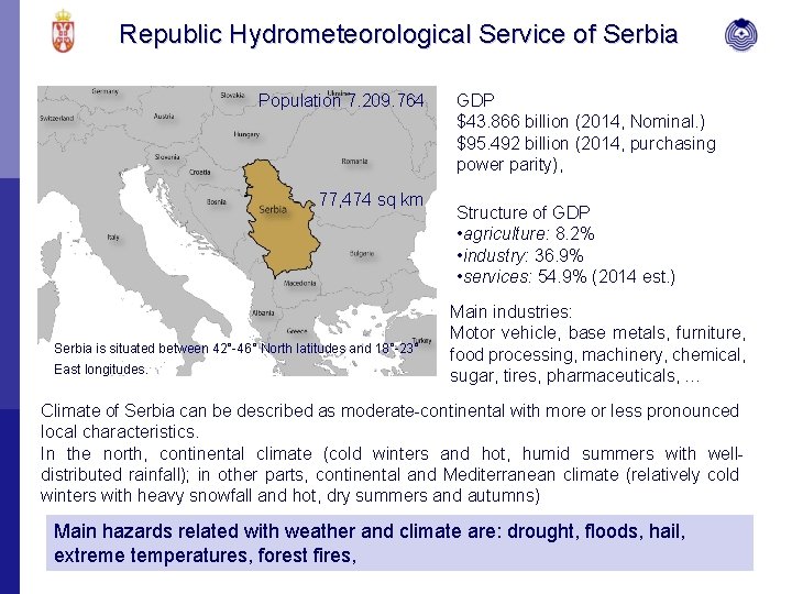 Republic Hydrometeorological Service of Serbia Population 7. 209. 764 77, 474 sq km Serbia