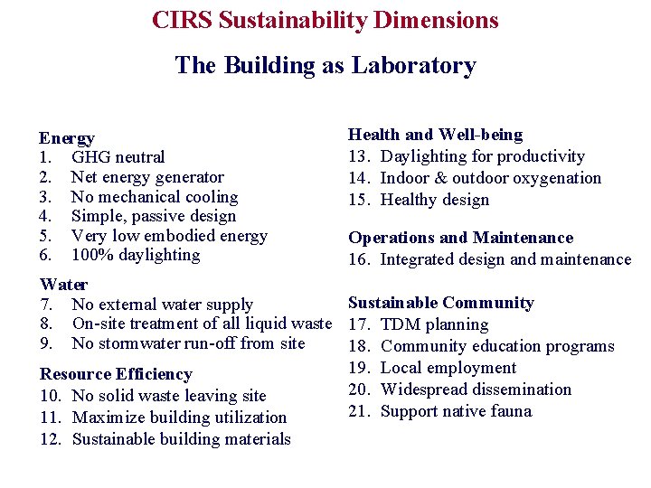 CIRS Sustainability Dimensions The Building as Laboratory Energy 1. GHG neutral 2. Net energy
