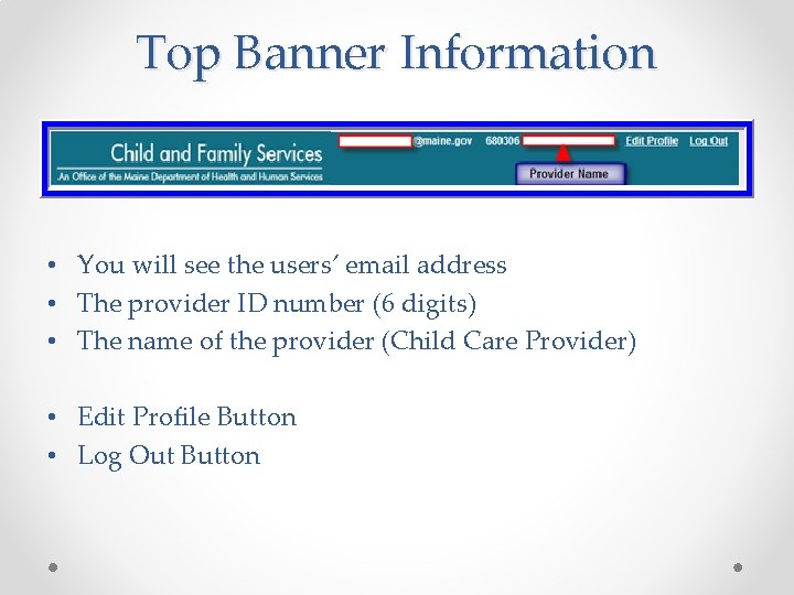 Top Banner Information • You will see the users’ email address • The provider