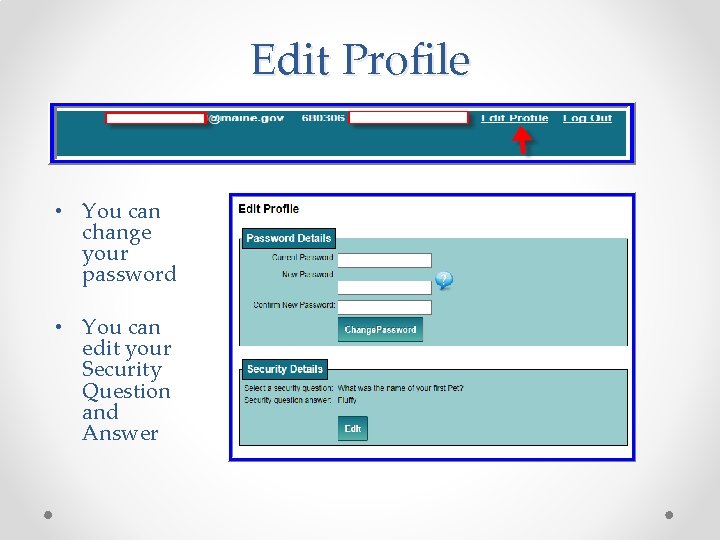 Edit Profile • You can change your password • You can edit your Security