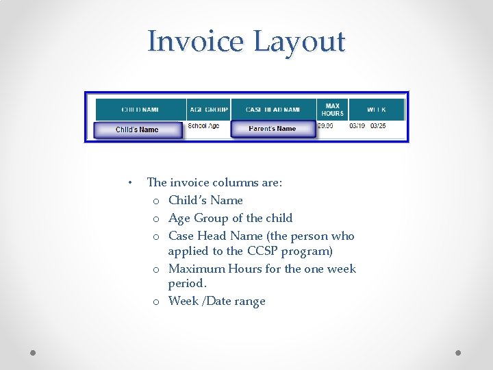 Invoice Layout • The invoice columns are: o Child’s Name o Age Group of