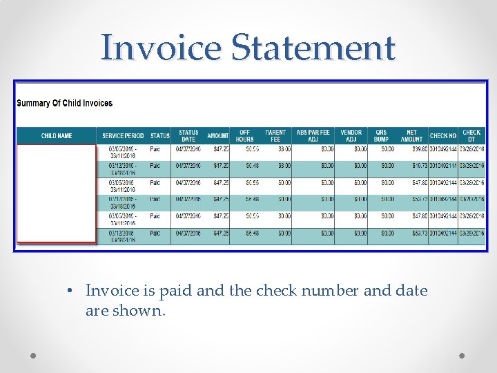 Invoice Statement • Invoice is paid and the check number and date are shown.