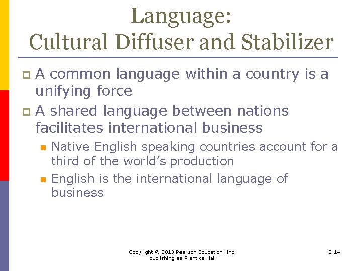 Language: Cultural Diffuser and Stabilizer A common language within a country is a unifying