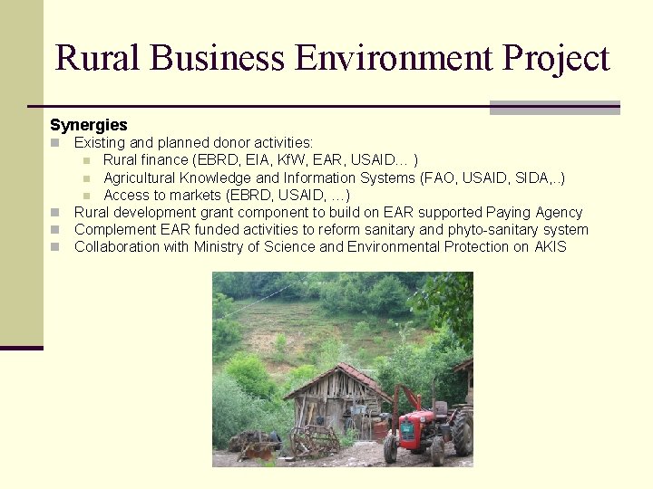 Rural Business Environment Project Synergies Existing and planned donor activities: n Rural finance (EBRD,