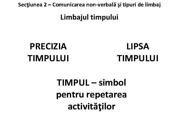 Secţiunea 2 – Comunicarea non-verbală şi tipuri de limbaj Limbajul timpului PRECIZIA TIMPULUI LIPSA