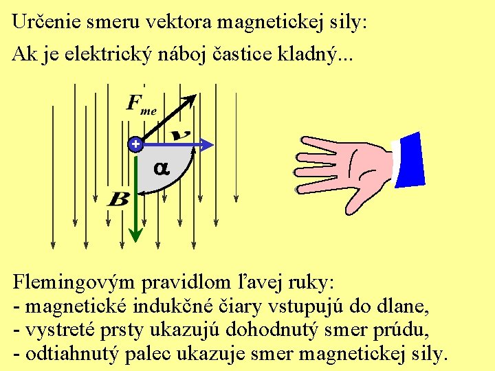 Určenie smeru vektora magnetickej sily: Ak je elektrický náboj častice kladný. . . + Určenie smeru vektora magnetickej sily: Ak je elektrický náboj častice kladný. . . +