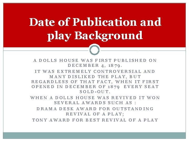 Date of Publication and play Background A DOLLS HOUSE WAS FIRST PUBLISHED ON DECEMBER
