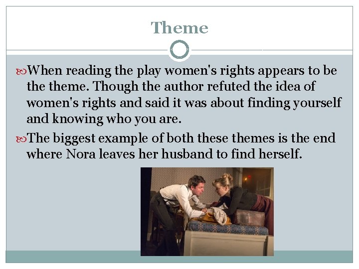 Theme When reading the play women's rights appears to be theme. Though the author