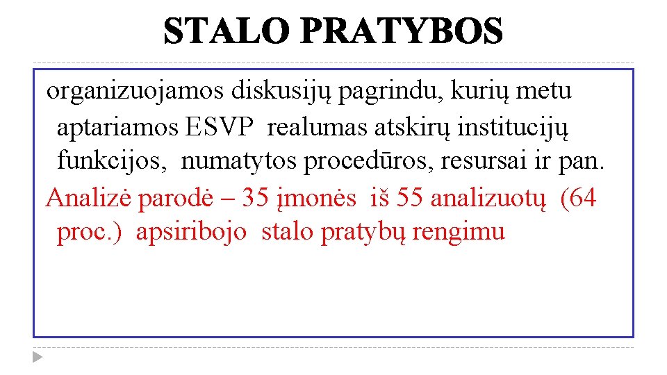 organizuojamos diskusijų pagrindu, kurių metu aptariamos ESVP realumas atskirų institucijų funkcijos, numatytos procedūros, resursai
