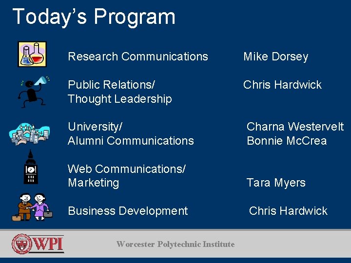 Today’s Program Research Communications Mike Dorsey Public Relations/ Thought Leadership Chris Hardwick University/ Alumni