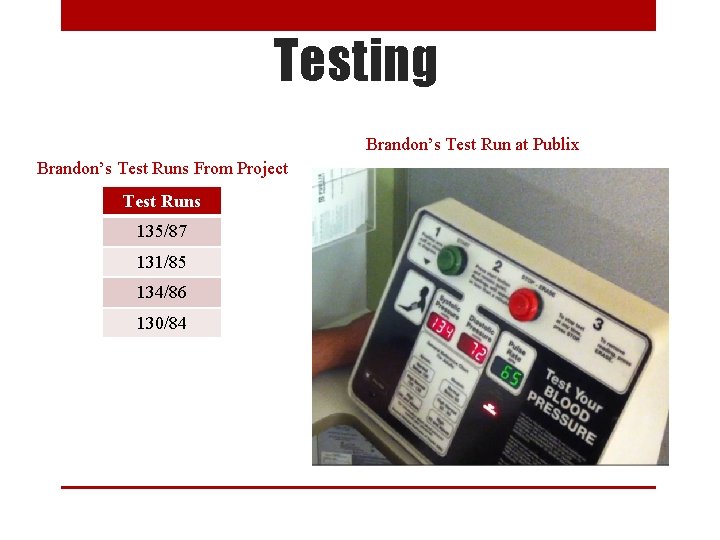 Testing Brandon’s Test Run at Publix Brandon’s Test Runs From Project Test Runs 135/87
