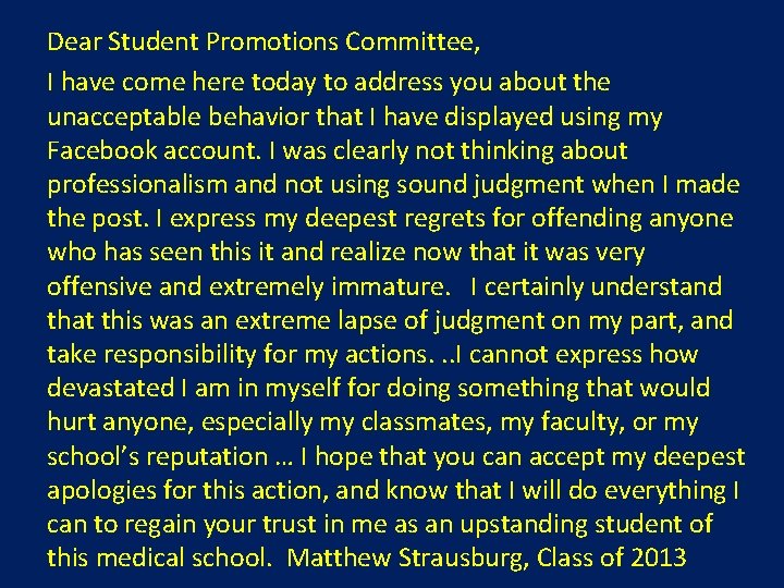 Dear Student Promotions Committee, I have come here today to address you about the