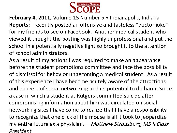 February 4, 2011, Volume 15 Number 5 • Indianapolis, Indiana Reports: I recently posted