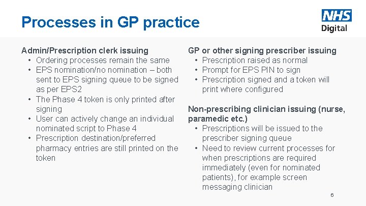 Processes in GP practice Admin/Prescription clerk issuing GP or other signing prescriber issuing •