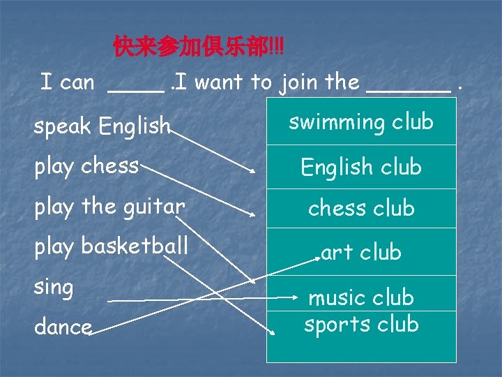 快来参加俱乐部!!! I can ____. I want to join the ______. speak English play chess