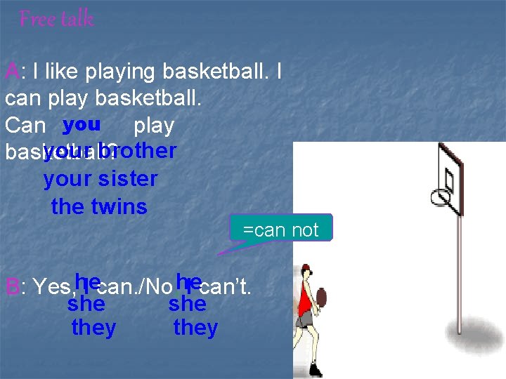 Free talk A: I like playing basketball. I can play basketball. Can you play