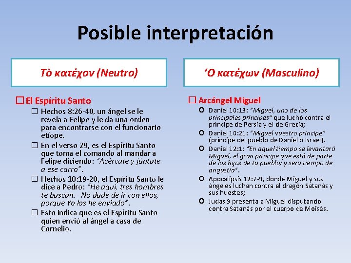 Posible interpretación Tò κατέχον (Neutro) � El Espíritu Santo � Hechos 8: 26 -40,