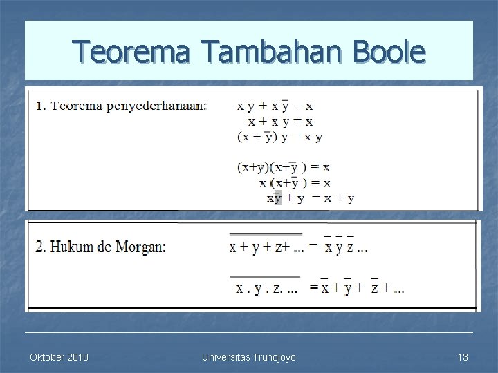 Teorema Tambahan Boole Oktober 2010 Universitas Trunojoyo 13 