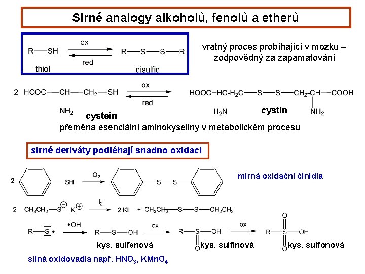 Sirné analogy alkoholů, fenolů a etherů vratný proces probíhající v mozku – zodpovědný za