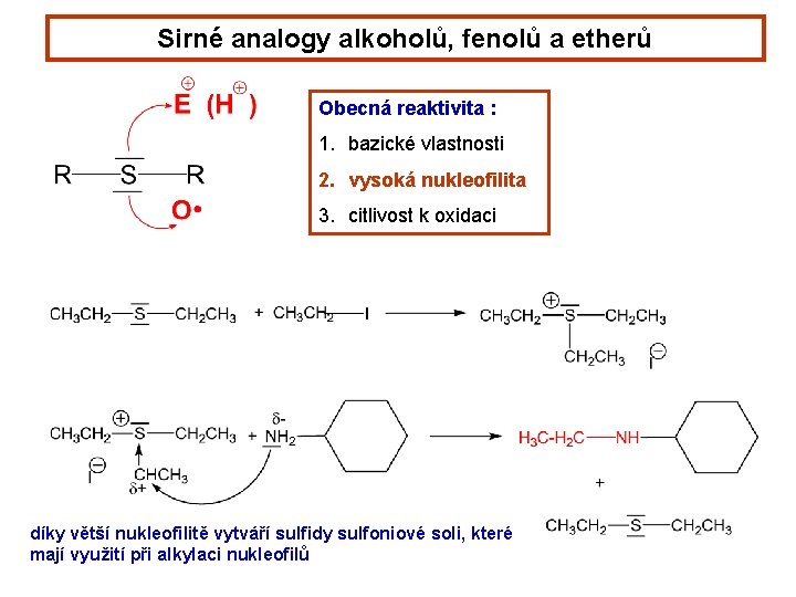 Sirné analogy alkoholů, fenolů a etherů Obecná reaktivita : 1. bazické vlastnosti 2. vysoká