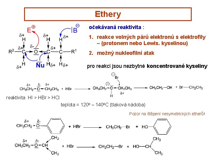 Ethery očekávaná reaktivita : 1. reakce volných párů elektronů s elektrofily – (protonem nebo