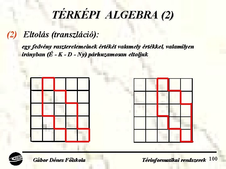TÉRKÉPI ALGEBRA (2) Eltolás (transzláció): egy fedvény raszterelemeinek értékét valamely értékkel, valamilyen irányban (É