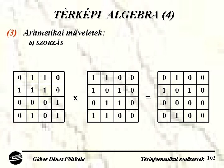TÉRKÉPI ALGEBRA (4) (3) Aritmetikai műveletek: b) SZORZÁS 0 1 1 0 0 0