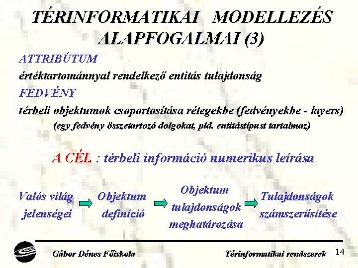 TÉRINFORMATIKAI MODELLEZÉS ALAPFOGALMAI (3) ATTRIBÚTUM értéktartománnyal rendelkező entitás tulajdonság FEDVÉNY térbeli objektumok csoportosítása rétegekbe