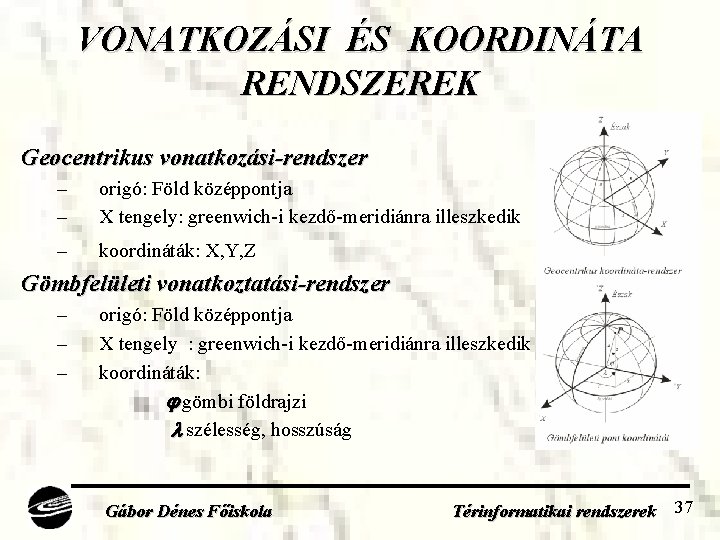 VONATKOZÁSI ÉS KOORDINÁTA RENDSZEREK Geocentrikus vonatkozási-rendszer – – origó: Föld középpontja X tengely: greenwich-i