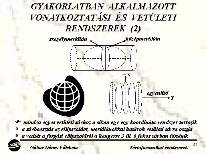 GYAKORLATBAN ALKALMAZOTT VONATKOZTATÁSI ÉS VETÜLETI RENDSZEREK (2) szegélymeridián középmeridián +x egyenlítő y minden egyes