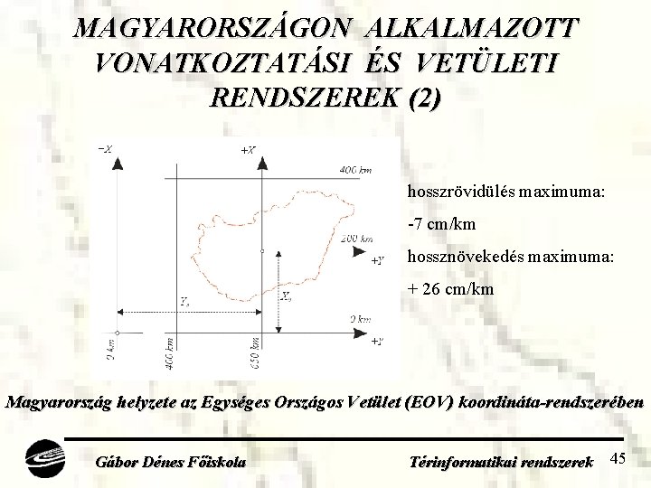 MAGYARORSZÁGON ALKALMAZOTT VONATKOZTATÁSI ÉS VETÜLETI RENDSZEREK (2) hosszrövidülés maximuma: -7 cm/km hossznövekedés maximuma: +