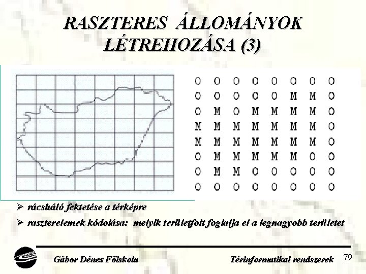 RASZTERES ÁLLOMÁNYOK LÉTREHOZÁSA (3) Ø rácsháló fektetése a térképre Ø raszterelemek kódolása: melyik területfolt