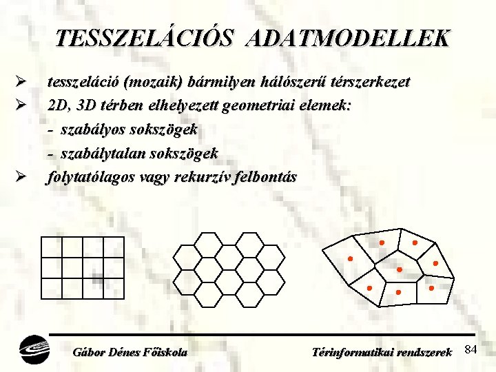 TESSZELÁCIÓS ADATMODELLEK Ø Ø Ø tesszeláció (mozaik) bármilyen hálószerű térszerkezet 2 D, 3 D