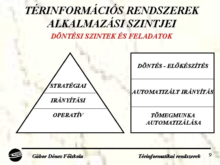TÉRINFORMÁCIÓS RENDSZEREK ALKALMAZÁSI SZINTJEI DÖNTÉSI SZINTEK ÉS FELADATOK DÖNTÉS - ELŐKÉSZÍTÉS STRATÉGIAI AUTOMATIZÁLT IRÁNYÍTÁSI
