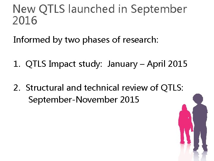 New QTLS launched in September 2016 Informed by two phases of research: 1. QTLS