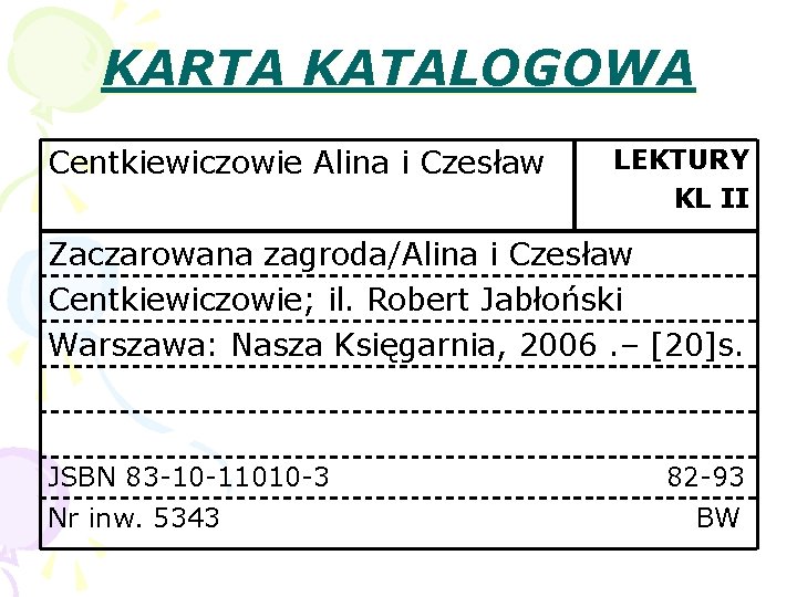 KARTA KATALOGOWA Centkiewiczowie Alina i Czesław LEKTURY KL II Zaczarowana zagroda/Alina i Czesław Centkiewiczowie;