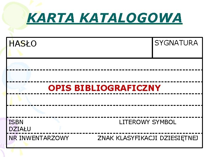 KARTA KATALOGOWA HASŁO SYGNATURA OPIS BIBLIOGRAFICZNY ISBN DZIAŁU NR INWENTARZOWY LITEROWY SYMBOL ZNAK KLASYFIKACJI