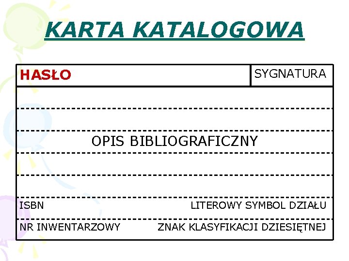 KARTA KATALOGOWA HASŁO SYGNATURA OPIS BIBLIOGRAFICZNY ISBN NR INWENTARZOWY LITEROWY SYMBOL DZIAŁU ZNAK KLASYFIKACJI