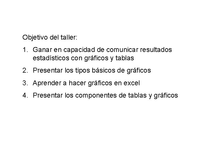 Objetivo del taller: 1. Ganar en capacidad de comunicar resultados estadísticos con gráficos y