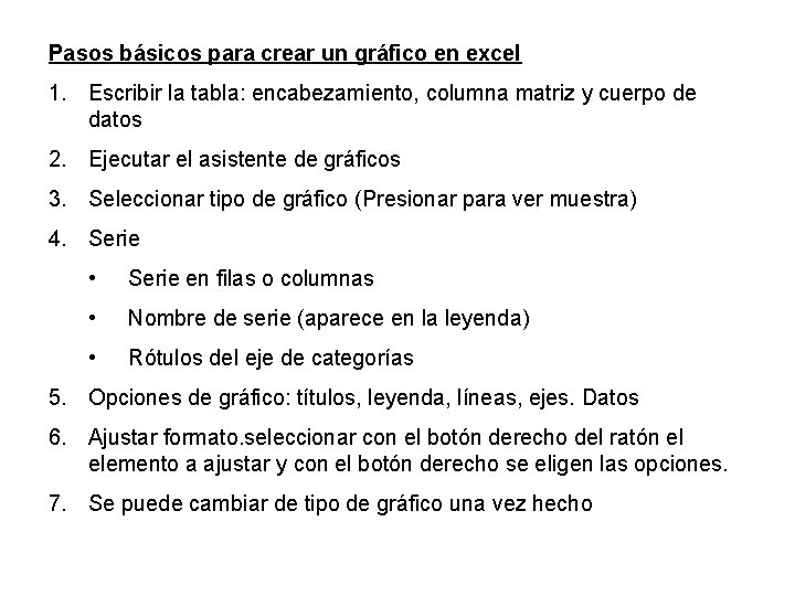Pasos básicos para crear un gráfico en excel 1. Escribir la tabla: encabezamiento, columna