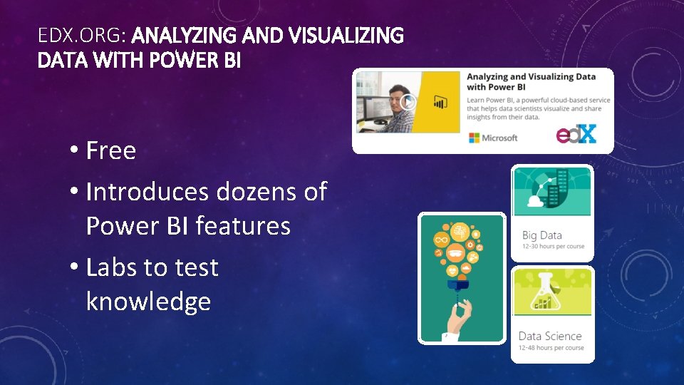 EDX. ORG: ANALYZING AND VISUALIZING DATA WITH POWER BI • Free • Introduces dozens