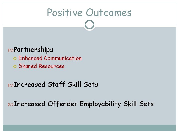 Positive Outcomes Partnerships Enhanced Communication Shared Resources Increased Staff Skill Sets Increased Offender Employability
