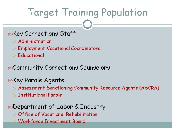 Target Training Population Key Corrections Staff Administration Employment Vocational Coordinators Educational Community Corrections Counselors