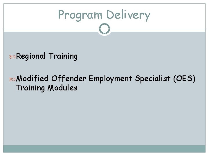 Program Delivery Regional Training Modified Offender Employment Specialist (OES) Training Modules 