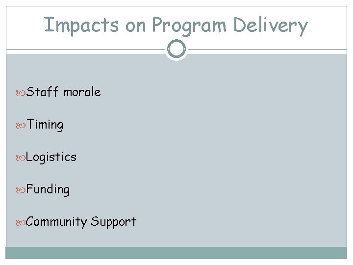 Impacts on Program Delivery Staff morale Timing Logistics Funding Community Support 