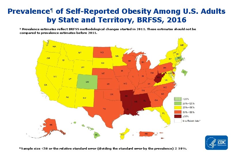 Prevalence¶ of Self-Reported Obesity Among U. S. Adults by State and Territory, BRFSS, 2016