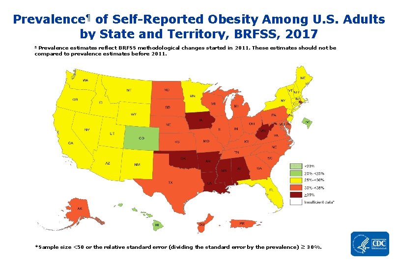 Prevalence¶ of Self-Reported Obesity Among U. S. Adults by State and Territory, BRFSS, 2017